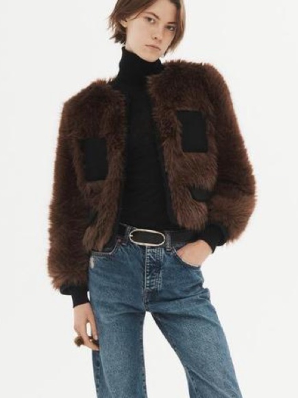 Zara Brown Faux Fur Bomber Jacket with Black Trim